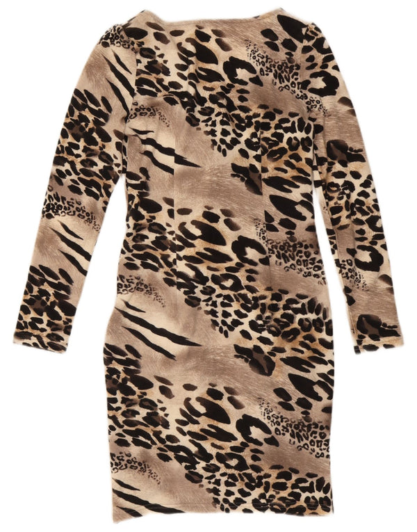 Vintage Dame Langærmet Skede Kjole UK 12 Medium Brown Animal Print