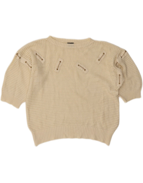 Vintage Womens Short Sleeve Boat Neck Jumper Sweater UK 14 Large Off White