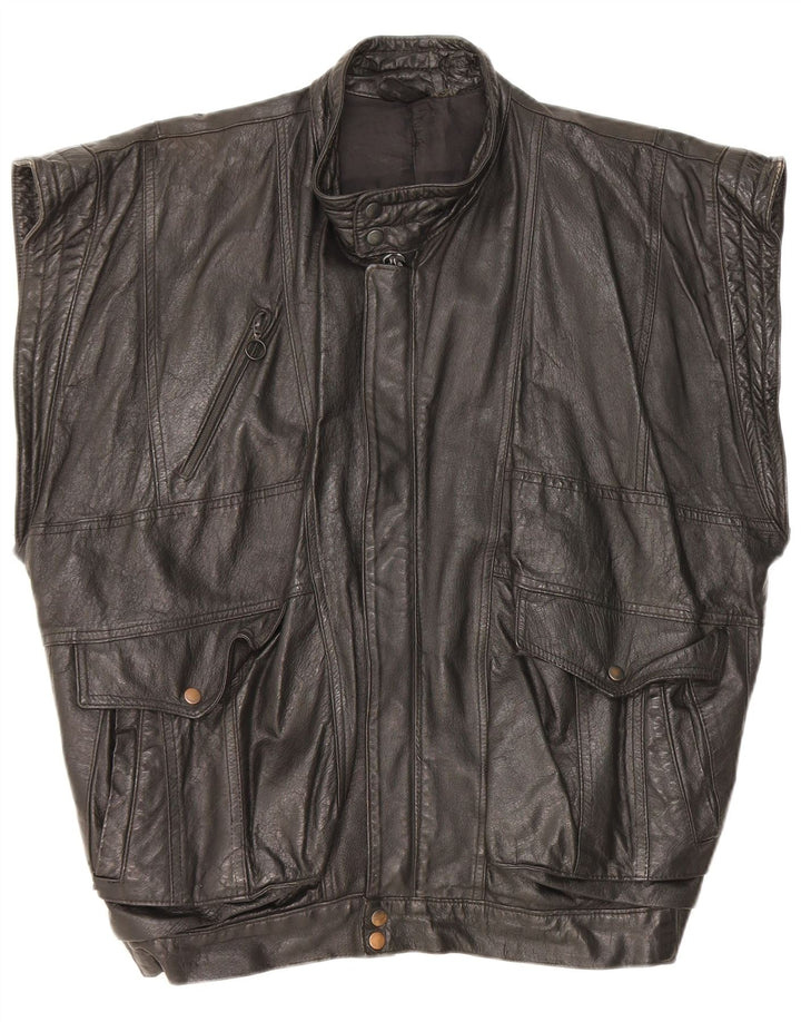 Vintage Herre Læder Gilet UK 40 Stor Sort Læder