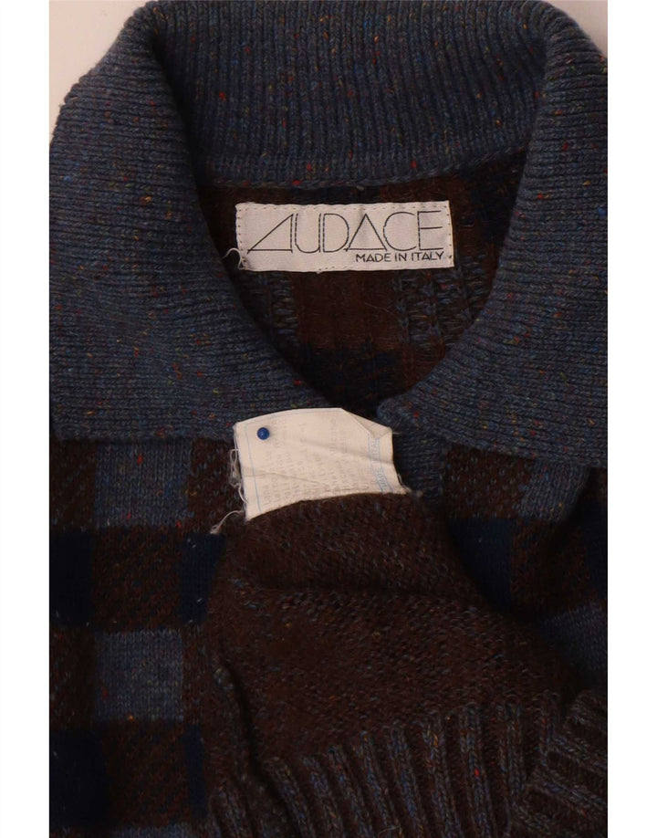 Vintage herre polo hals sweater stor grå ternet uld