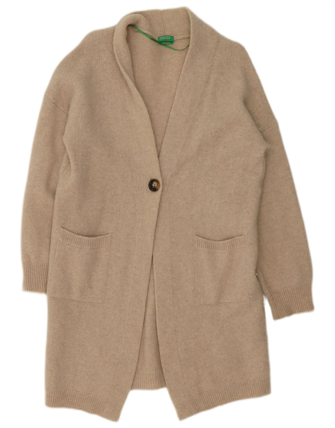 Benetton Dame Longline Cardigan Sweater UK 14 Stor Beige Uld