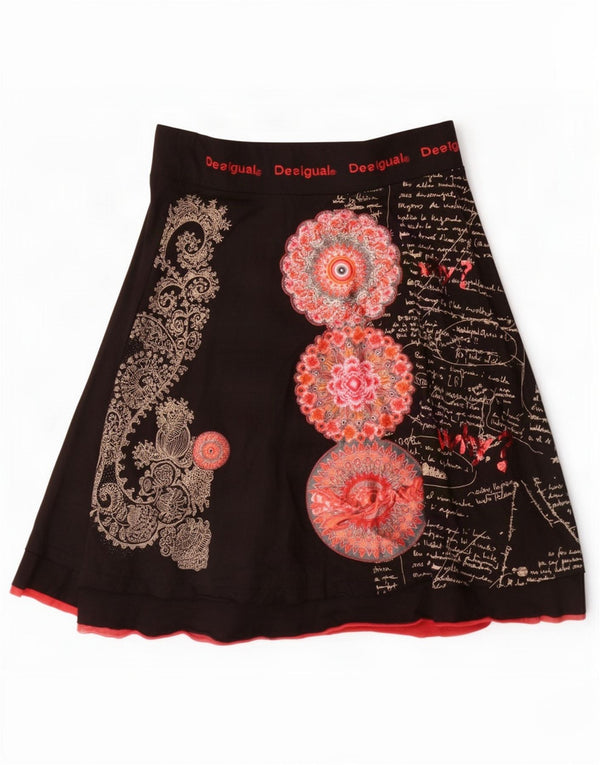 Desigual Kvinders Grafisk A-Line nederdel Small W28 Sort Paisley Bomuld