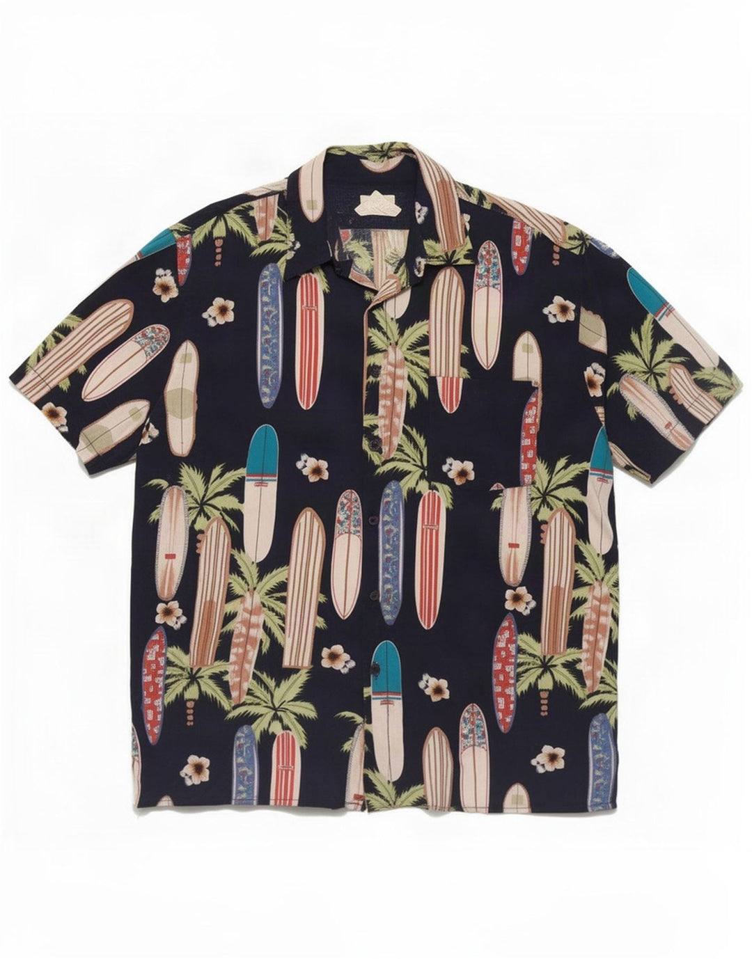 Vintage herre abstrakt mønster kortærmet skjorte stor marineblå rayon