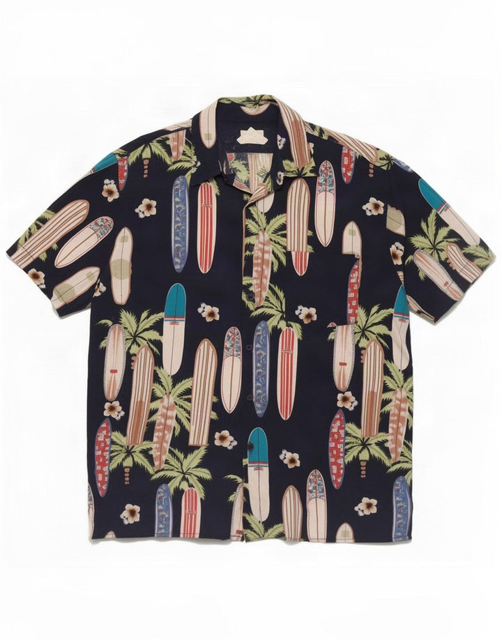 Vintage herre abstrakt mønster kortærmet skjorte stor marineblå rayon