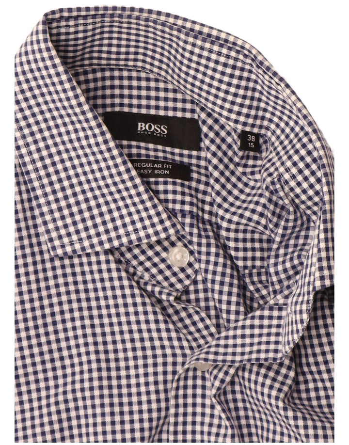 Hugo Boss Herre Regular Fit Skjorte Størrelse 38 15 Medium Marineblå Gingham Cotton