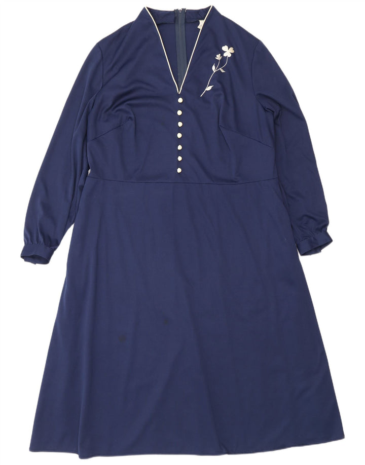 Vintage langærmet maxikjole til kvinder IT 50 XL marineblå polyester