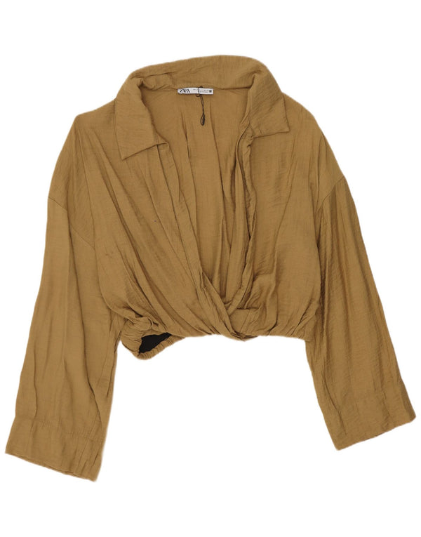Zara Womens Crop Bluse Top UK 16 Large Khaki Viscose