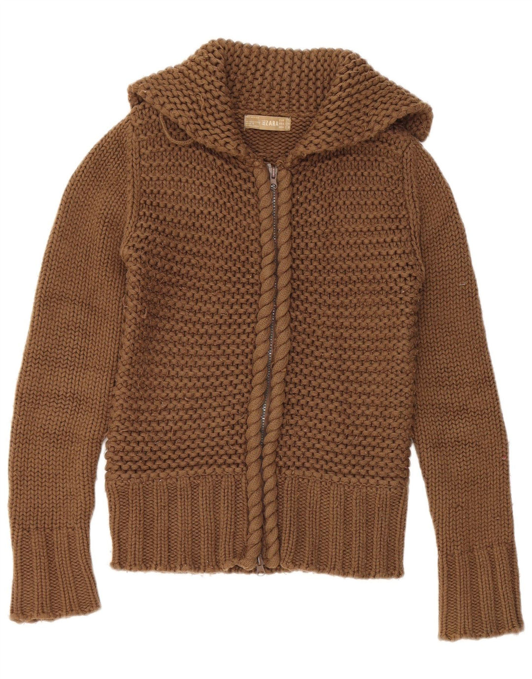 Zara Dame Hætte Cardigan Sweater UK 12 Medium Brun