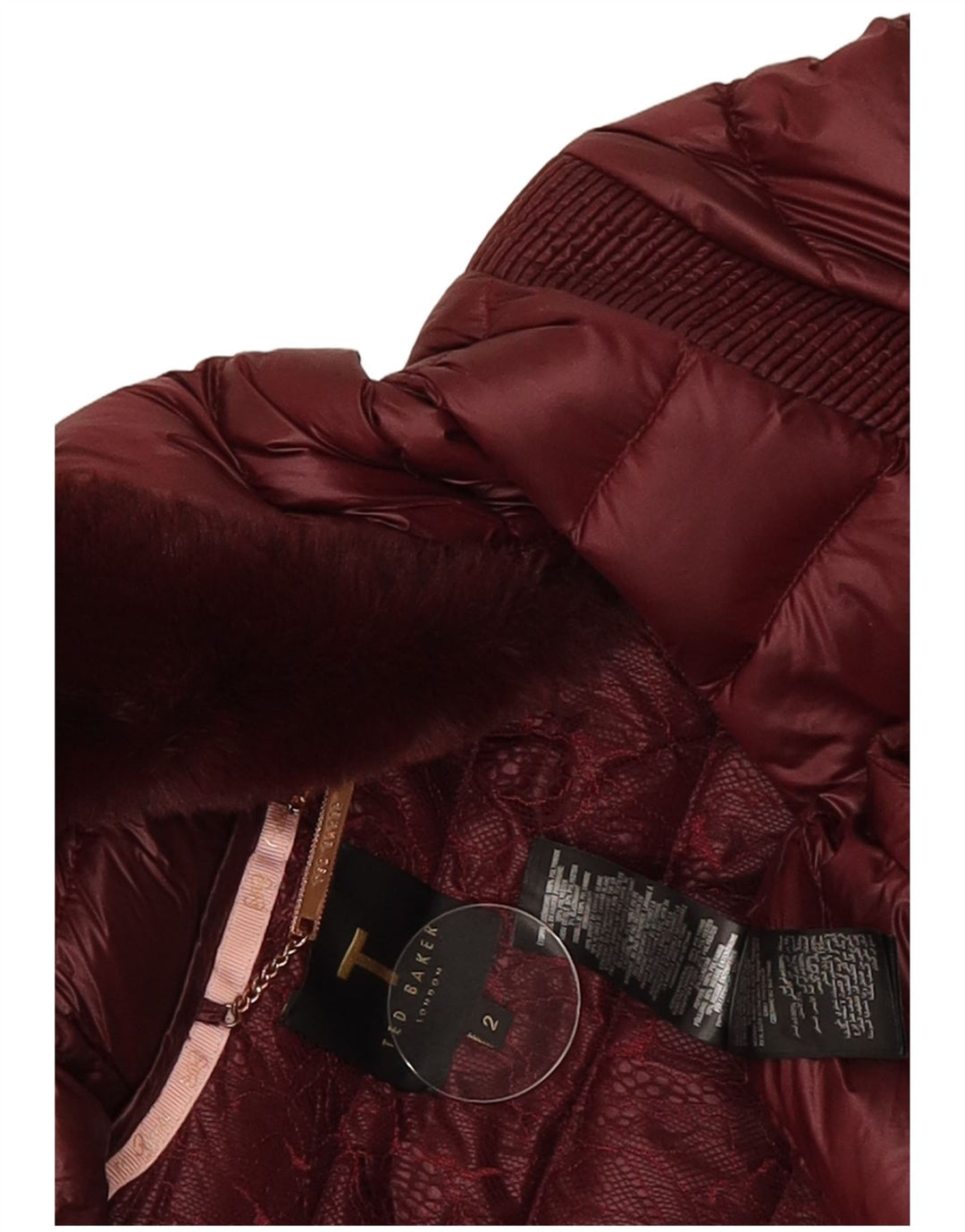 Ted Baker Dame Hætte Polstret Frakke Størrelse 2 Lille Bourgogne Polyamid