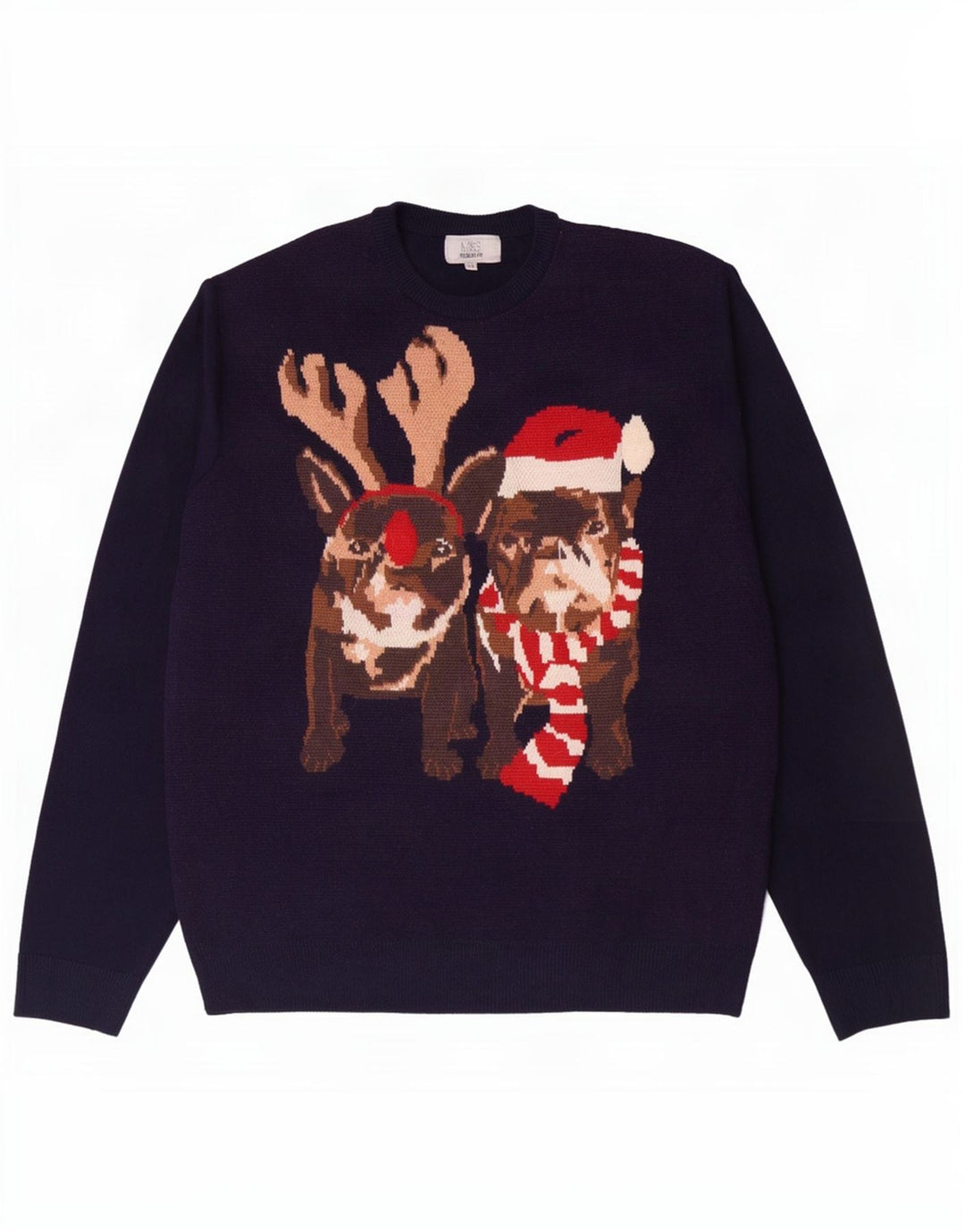 Marks & Spencer Herre Grafisk Crew Neck Jumper Sweater 2XL Navy Blue Christm