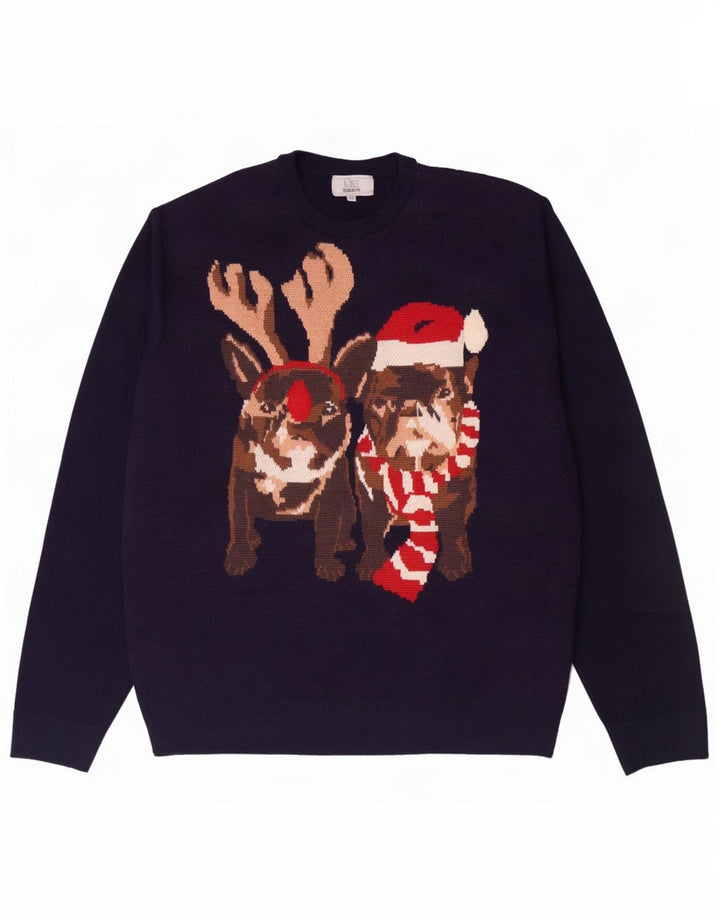 Marks & Spencer Herre Grafisk Crew Neck Jumper Sweater 2XL Navy Blue Christm