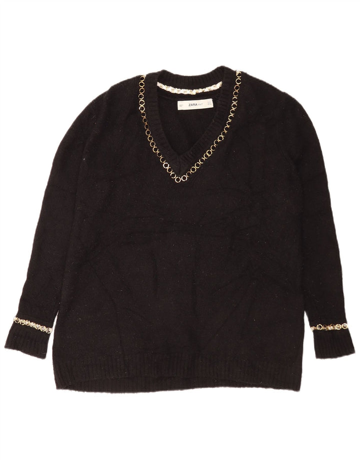 Zara Womens Oversized V-hals sweater UK 10 Small Black Acryl