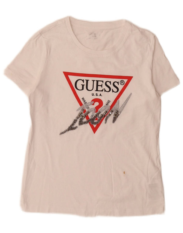 Guess Kvinder Slim Fit Grafisk T-Shirt Top UK 6 XS Hvid Bomuld