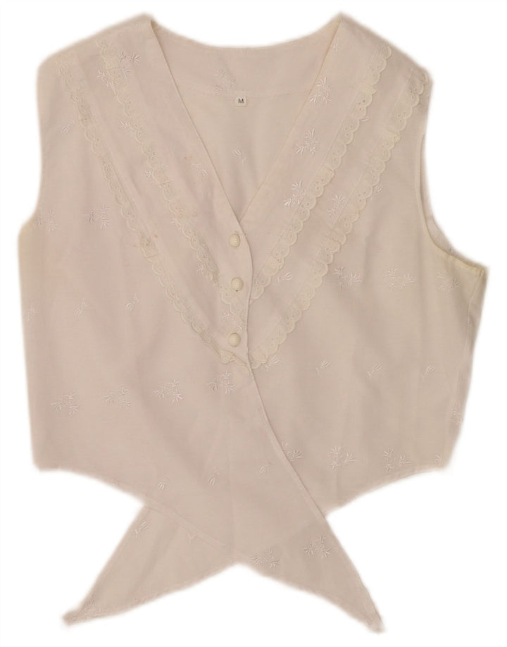 Vintage Womens Crop Front Tie Shirt Bluse UK 12 Medium White Floral