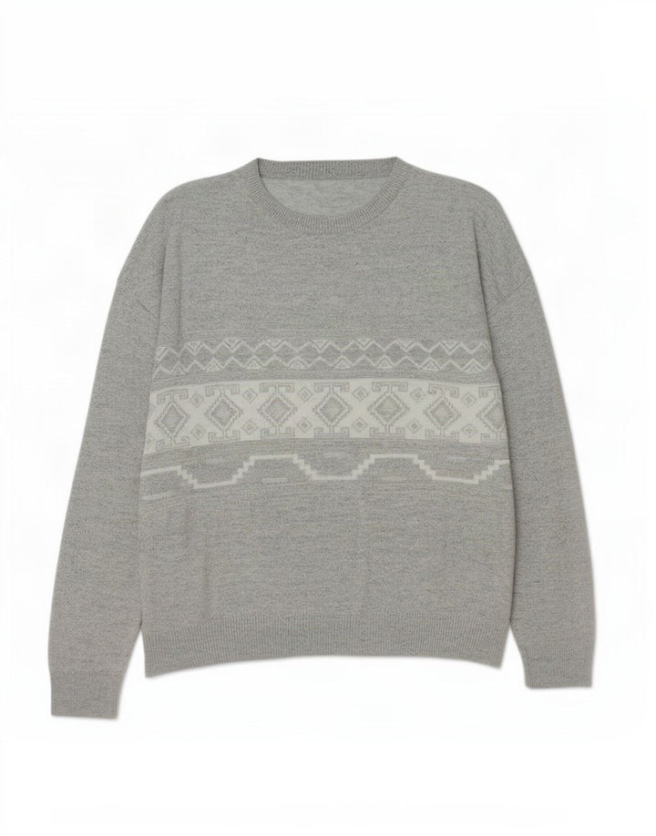 Vintage Herre Boat Neck Jumper Sweater XL Grå Geometrisk