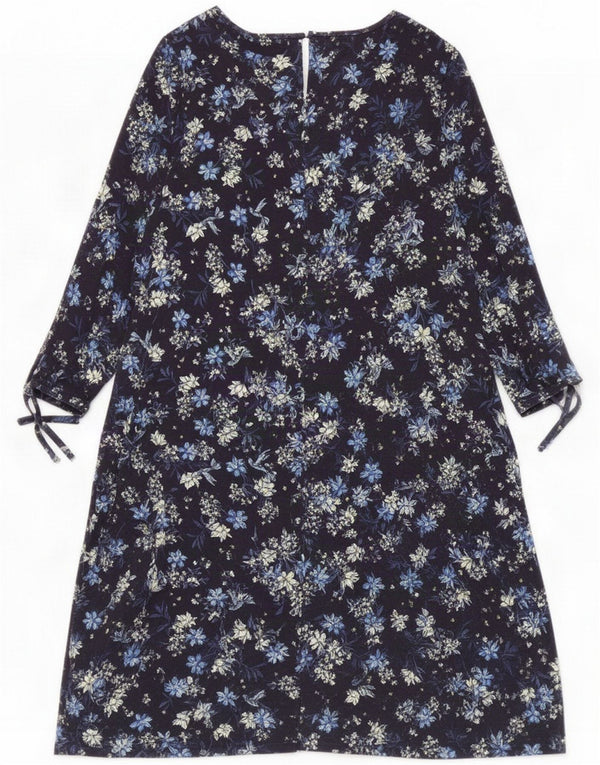 M&Co Dame 3/4-ærmet A-Line Kjole UK 12 Medium Navy Blue Floral Viscose