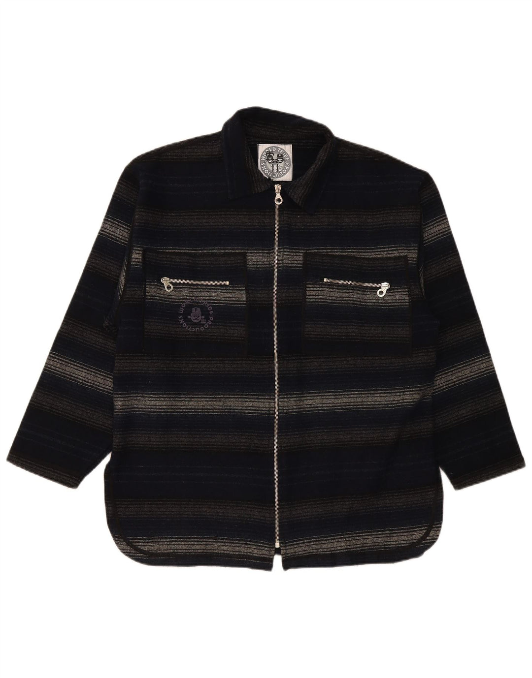 Vintage herre overshirt skjorte medium marineblå stribet akryl