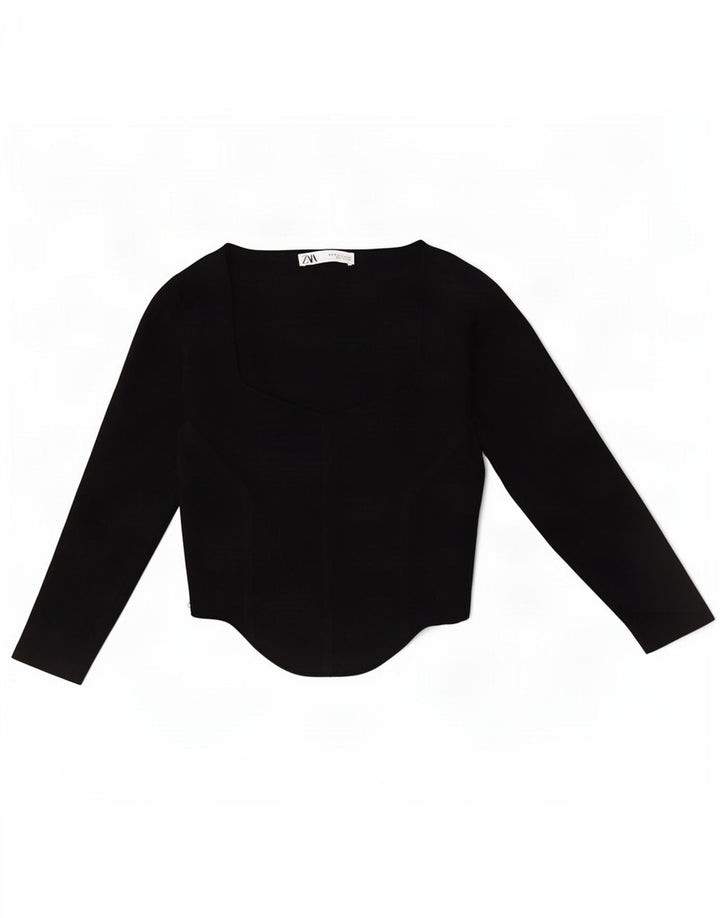 Zara Dame 3/4 ærmet Crop Top UK 12 Medium Black Viscose