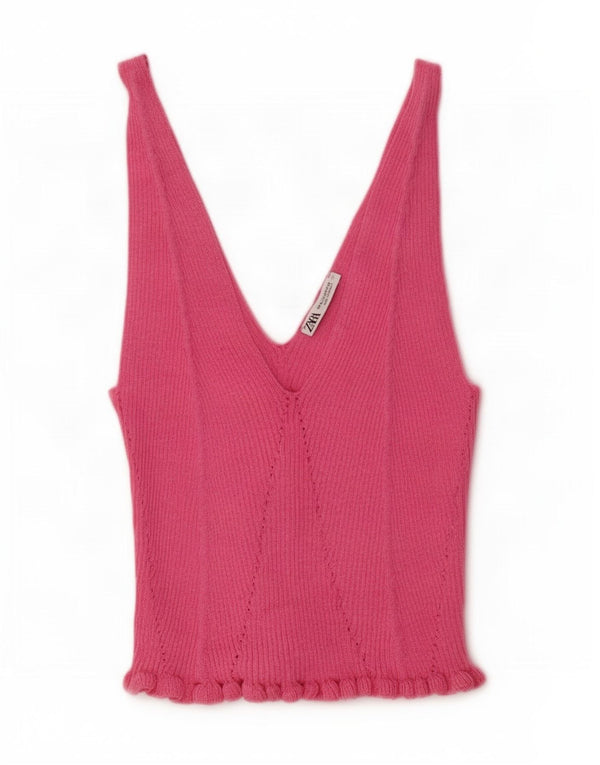 Zara Womens Knit Crop Top UK 12 Medium Pink