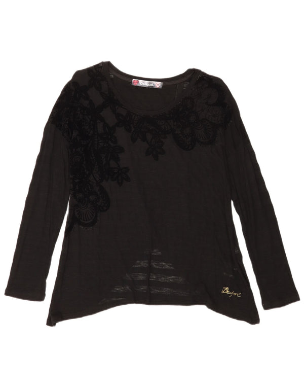 Desigual Dame Grafisk Top Langærmet UK 12 Medium Black Floral Viscose