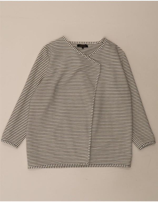 Jaeger Womens Open Cardigan Sweater UK 16 Stor hvid stribet bomuld