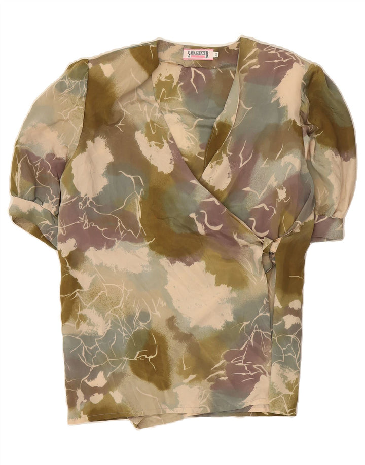 SARA GLENZER Womens Abstract Pattern Wrap Shirt Blouse IT 44 Medium Khaki Vintage Sara Glenzer and Second-Hand Sara Glenzer from Messina Hembry 