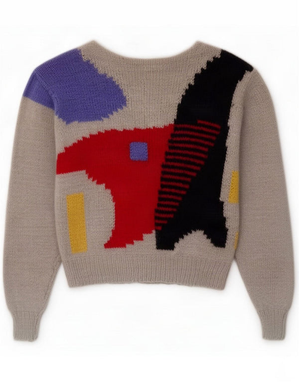 Vintage Womens Crop Boat Neck Jumper Sweater UK 8 Small Grey Colourblock