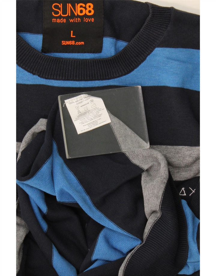 Sun68 Herre rund hals sweater stor blå stribet bomuld