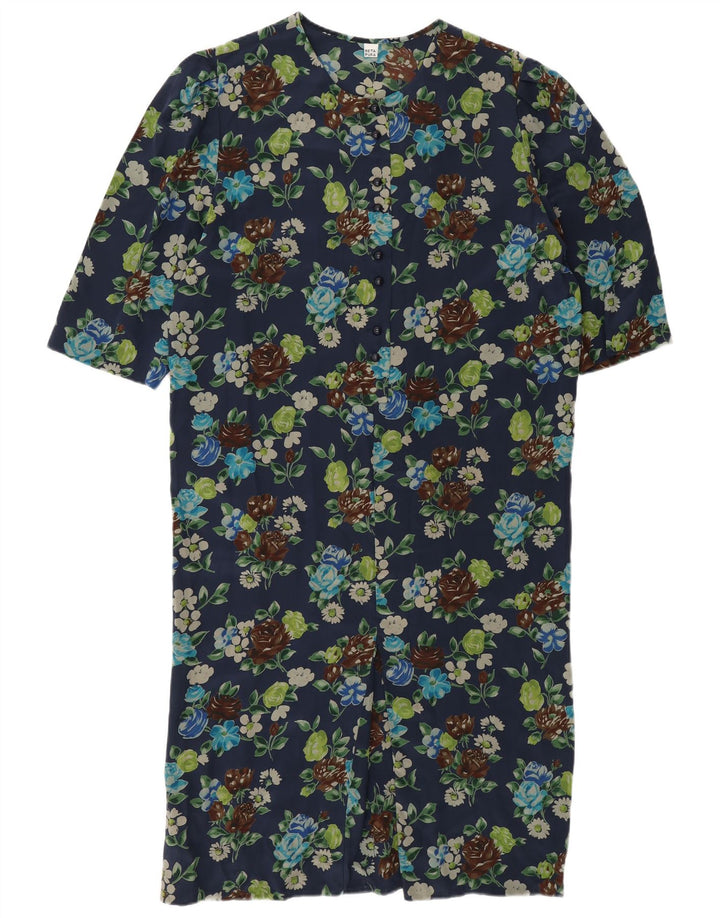 Vintage Dame Shift Dress UK 12 Medium Navy Blue Floral Silke