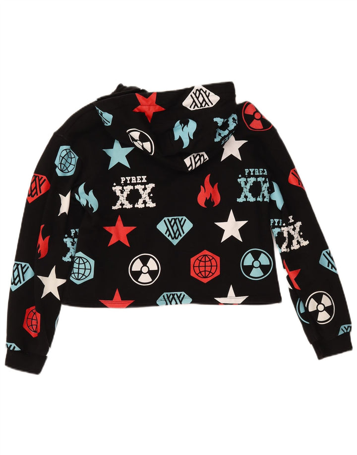 PYREX Girls Crop Graphic Hoodie Jumper 11-12 år XL Sort Geometrisk