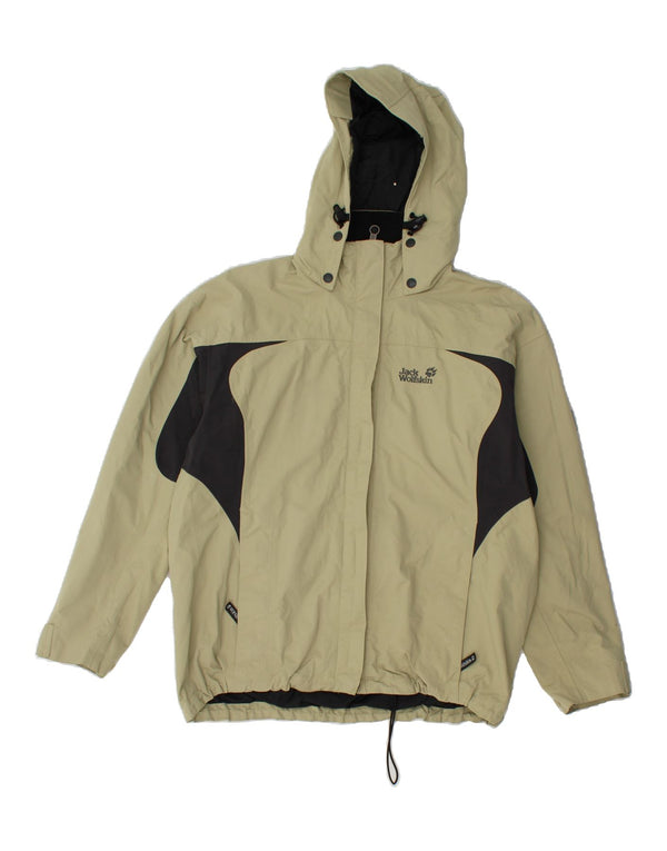 JACK WOLFSKIN Womens Hooded Rain Jacket UK 12 Medium Green Colourblock