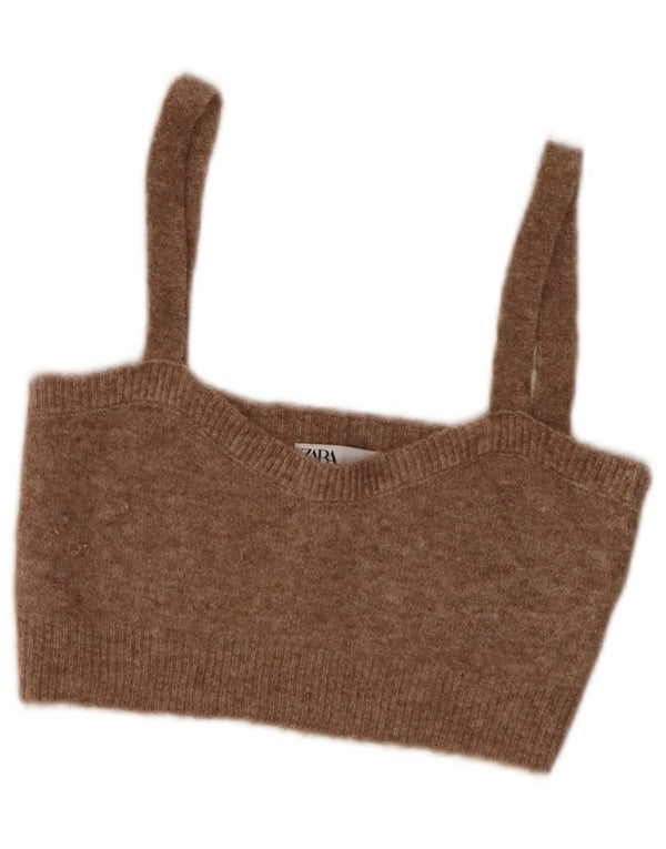 Zara Womens Crop Knit Cami Top UK 10 Small Brown Flecked Acryl