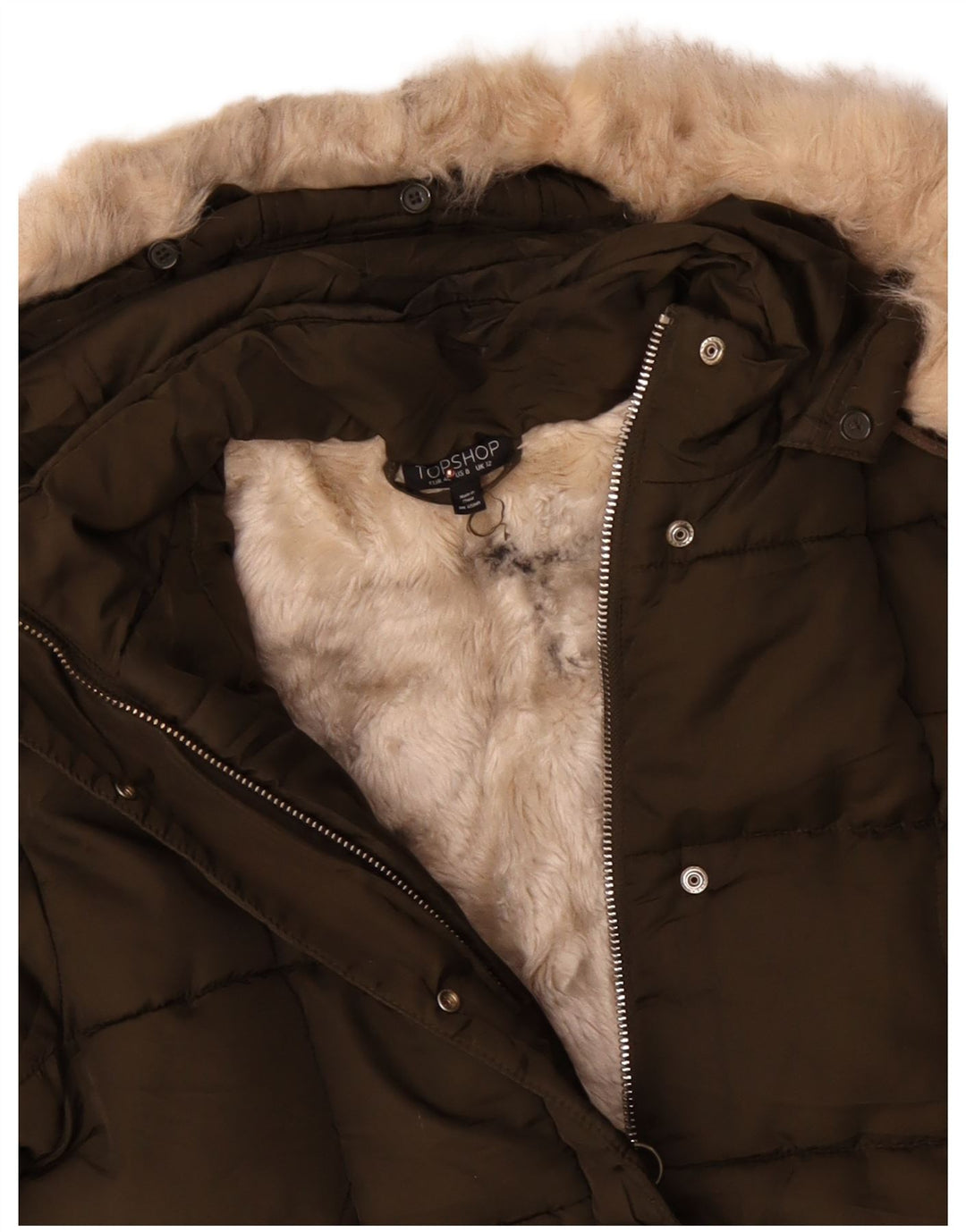 TOPSHOP Dame Oversized Crop Sherpa polstret jakke UK 12 Medium Khaki