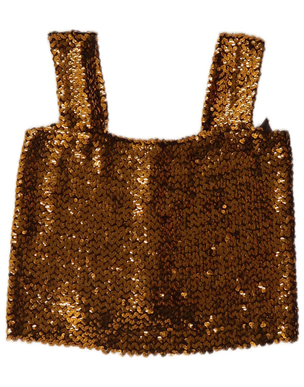 Vintage Kvinders ærmeløs pailletter Crop Top UK 12 Medium Gold