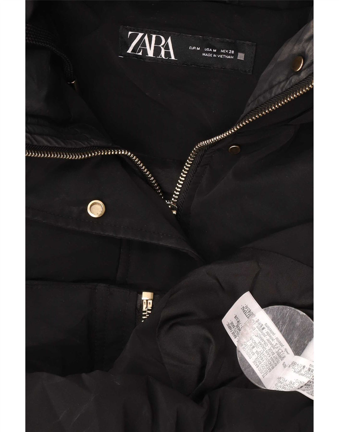 Zara Dame Hætte Polstret Frakke UK 14 Medium Sort Polyester