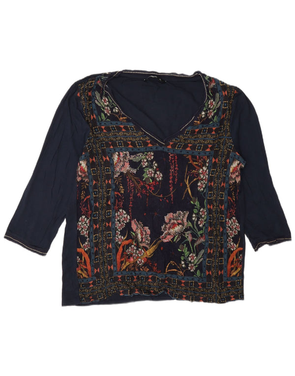 Desigual Dame Grafisk Top 3/4 ærme UK 18 XL Navy Blue Floral