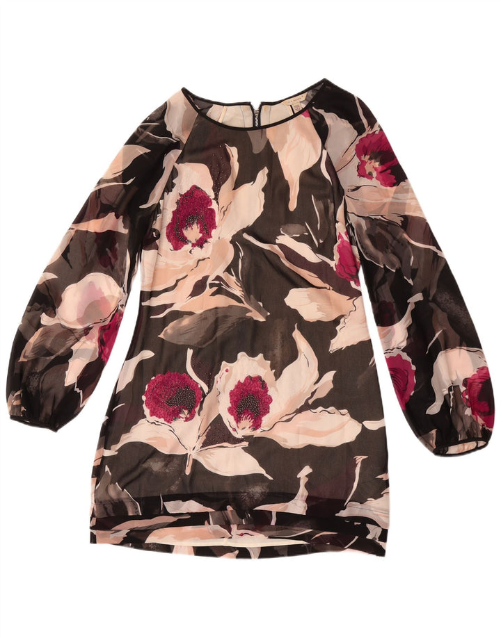 Ted Baker Dame Langærmet Skede Kjole Størrelse 2 Small Black Floral