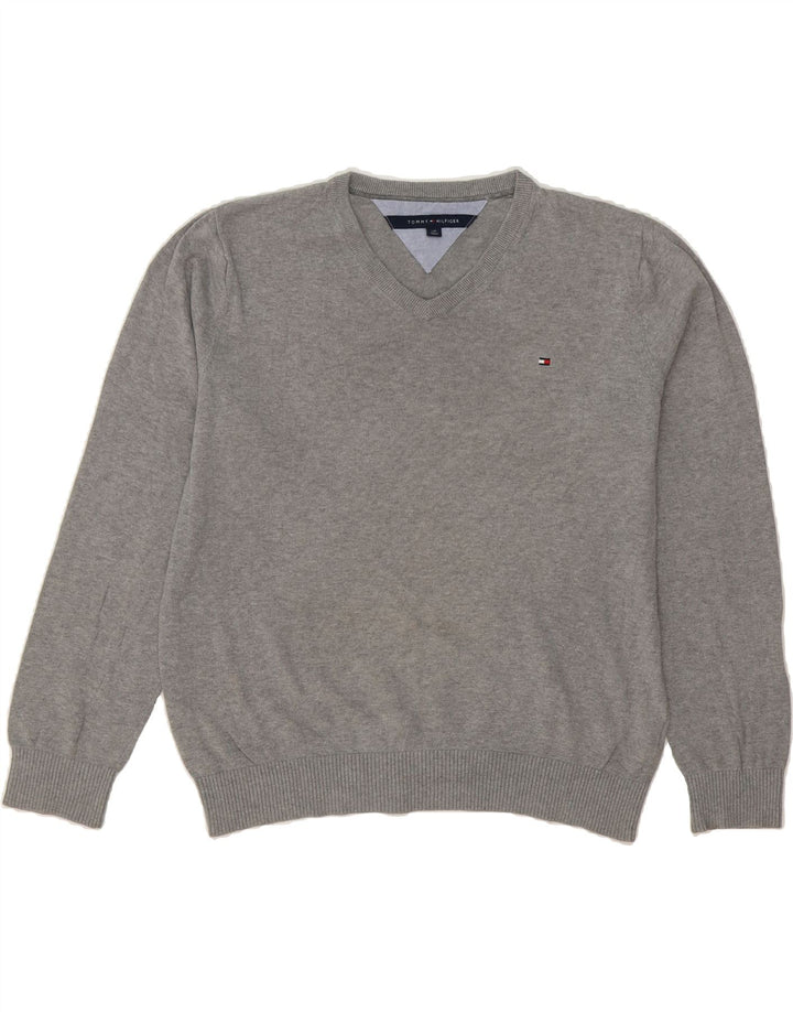 TOMMY HILFIGER Mens V-Neck Jumper Sweater Large Grey Cotton Vintage Tommy Hilfiger and Second-Hand Tommy Hilfiger from Messina Hembry 