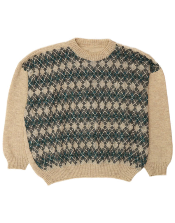 Vintage herre rund hals sweater 2XL beige Argyle/diamant akryl