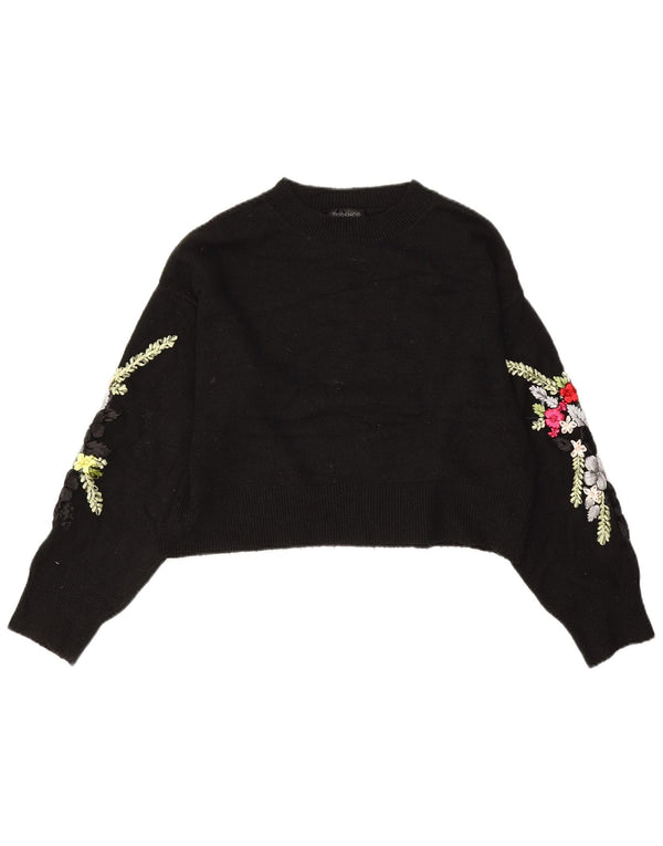 Topshop Dame Crop Boat Neck Jumper Sweater UK 10 Small Black Floral