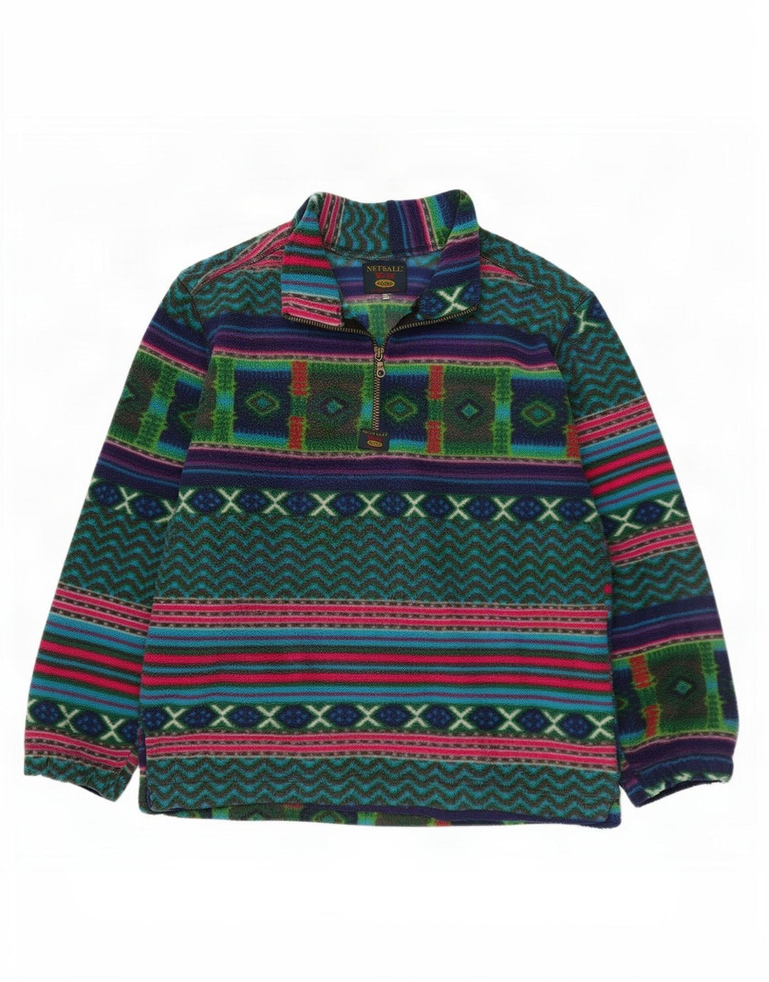 Vintage herre lynlås hals fleece jumper XL flerfarvet geometrisk