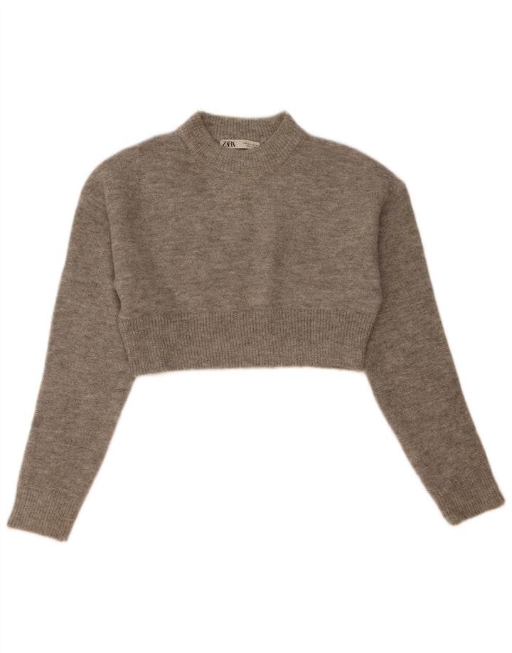Zara Womens Crop Turtle Neck Jumper Sweater UK 10 Small Grey Flecked