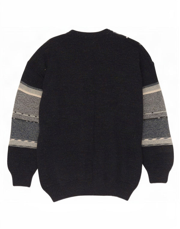 Vintage herre rund hals sweater medium marineblå Colourblock akryl