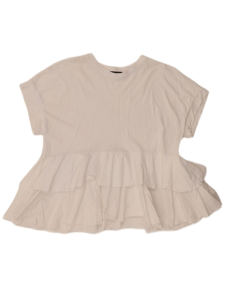 Zara Dame Flæse Front Bluse Top UK 10 Small White Bomuld