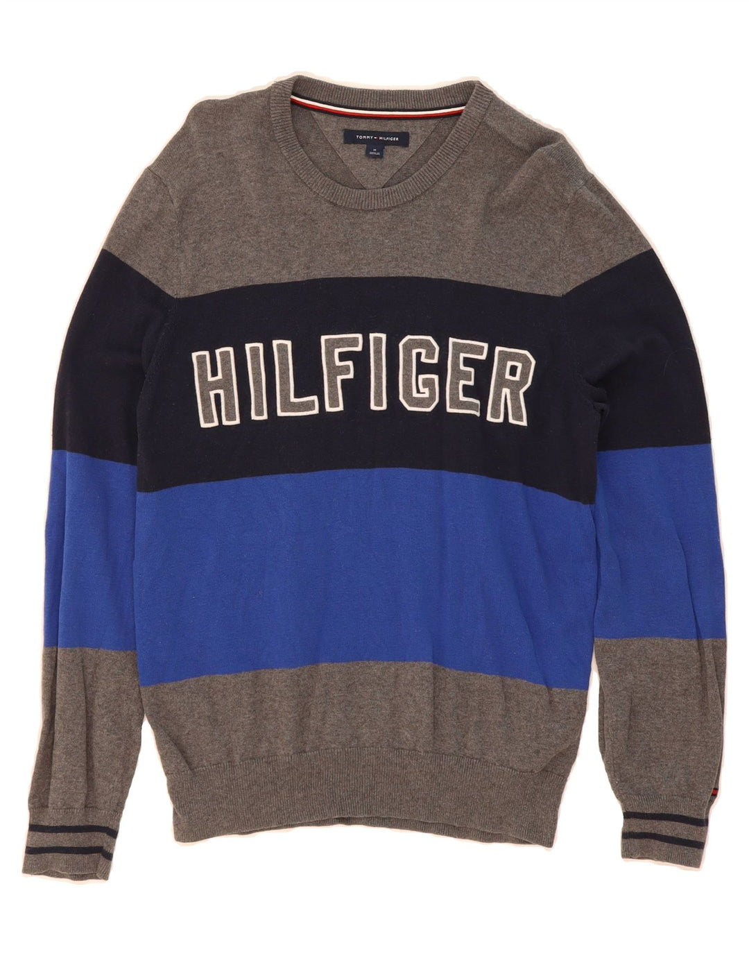 TOMMY HILFIGER Mens Crew Neck Jumper Sweater Medium Grey Colourblock Vintage Tommy Hilfiger and Second-Hand Tommy Hilfiger from Messina Hembry 