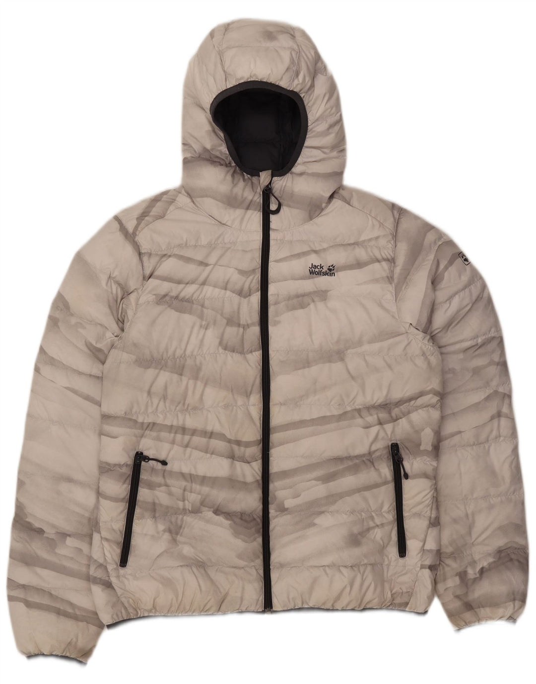 Jack Wolfskin Dame hætte polstret jakke UK 18 XL Grå Tie Dye Polyester