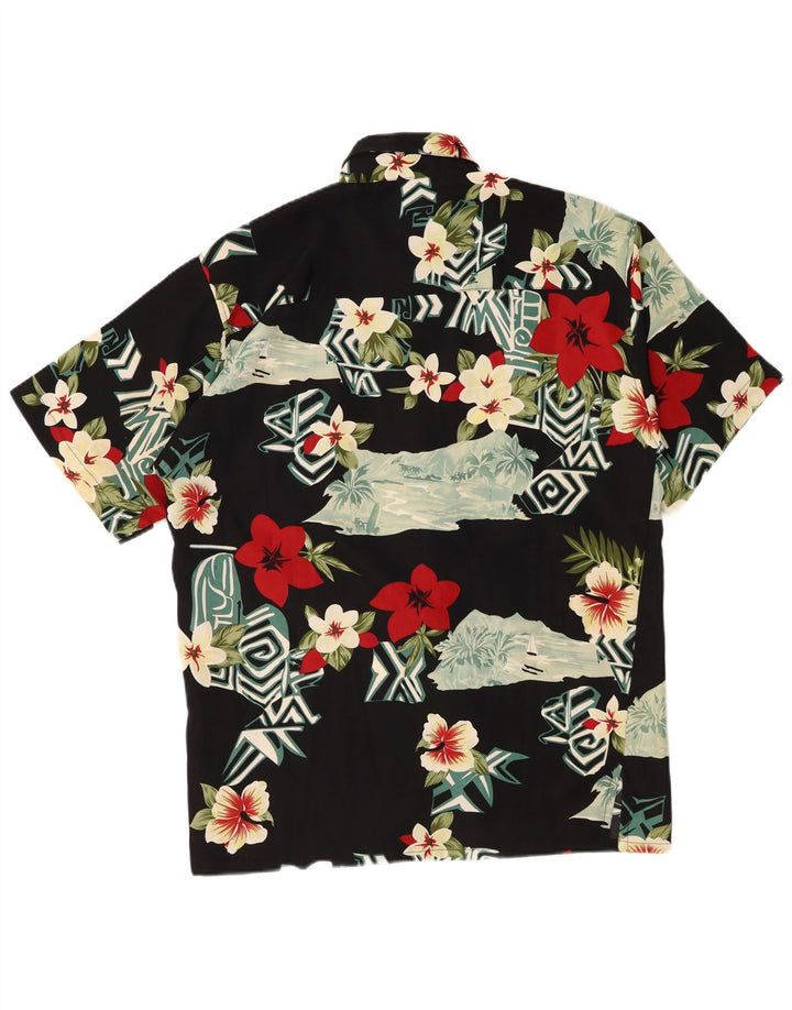 Vintage kortærmet herreskjorte lille sort blomstret polyester hawaiiansk