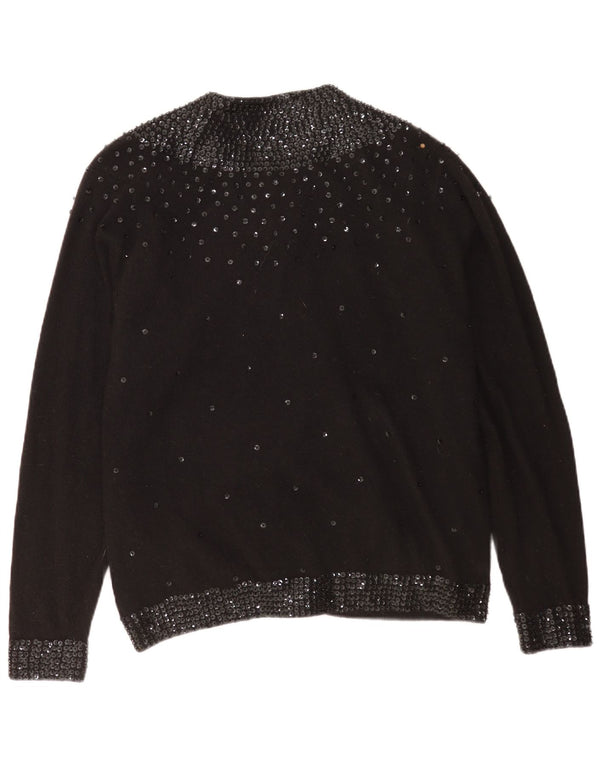 Vintage dame cardigan sweater EU 48 2XL sort plettet lammeuld