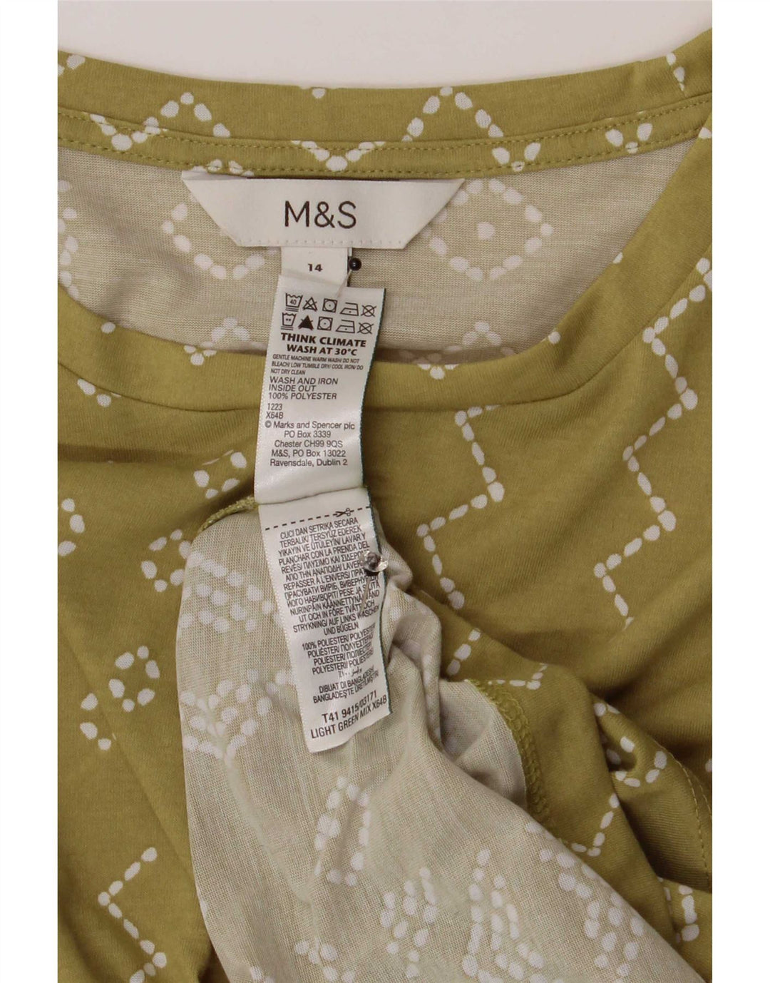 Marks & Spencer T-shirt top til kvinder DK 14 Stor grøn geometrisk polyester