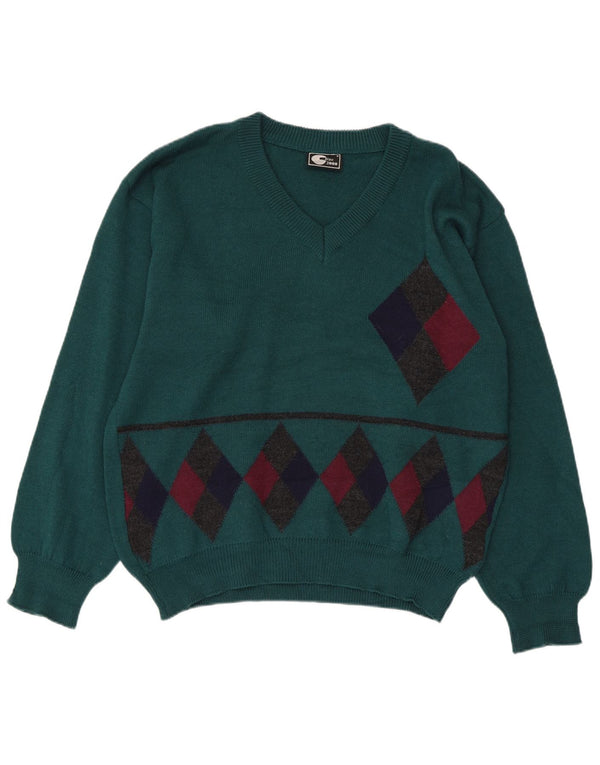 Vintage Dame V-hals sweater IT 50 XL Grøn Argyle/Diamond Wool